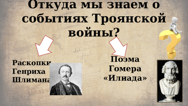 Откуда мы знаем о событиях Троянской войны? Раскопки Генриха Шлимана Поэма Гомера  «Илиада» 
