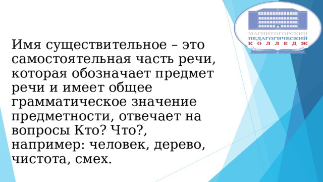 Имя существительное – это самостоятельная часть речи, которая обозначает предмет речи и имеет общее грамматическое значение предметности, отвечает на вопросы Кто? Что?,  например: человек, дерево, чистота, смех. 