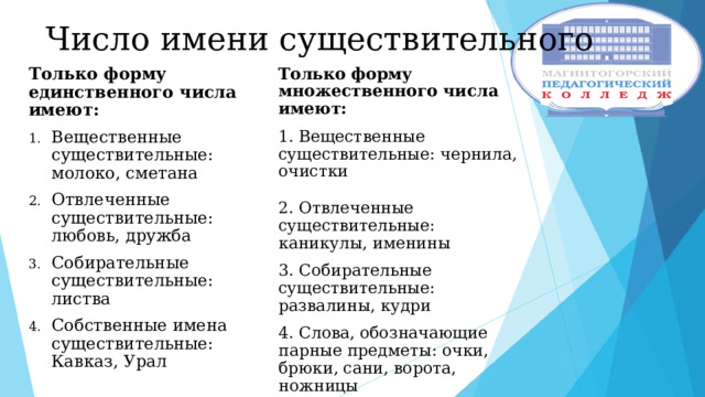 Число имени существительного Только форму единственного числа имеют: Только форму множественного числа имеют: Вещественные существительные: молоко, сметана Отвлеченные существительные: любовь, дружба Собирательные существительные: листва Собственные имена существительные: Кавказ, Урал 1. Вещественные существительные: чернила, очистки 2. Отвлеченные существительные: каникулы, именины 3. Собирательные существительные: развалины, кудри 4. Слова, обозначающие парные предметы: очки, брюки, сани, ворота, ножницы 5. Собственные имена существительные: Альпы, Карпаты 