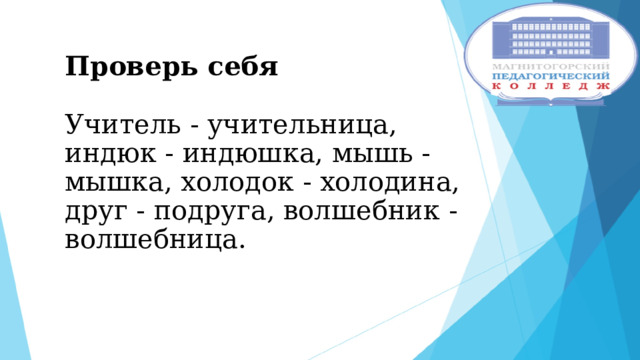 Проверь себя   Учитель - учительница, индюк - индюшка, мышь - мышка, холодок - холодина, друг - подруга, волшебник - волшебница. 