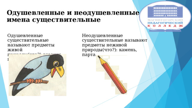Одушевленные и неодушевленные имена существительные Одушевленные существительные называют предметы живой природы(кто?):девочка, птичка. Неодушевленные существительные называют предметы неживой природы(что?): камень, парта. 