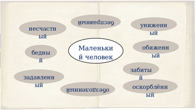 бесправный униженный несчастный Маленький человек обиженный бедный забитый задавленный оскорблённый обездоленный     