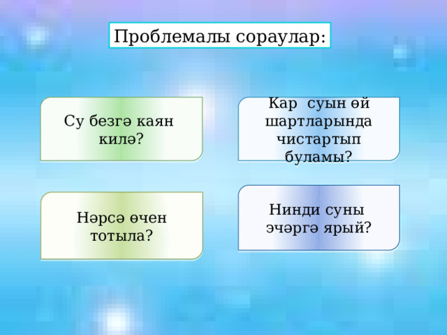 Проблемалы сораулар: Су безгә каян килә? Кар суын өй шартларында чистартып буламы? Нинди суны эчәргә ярый? Нәрсә өчен тотыла? 