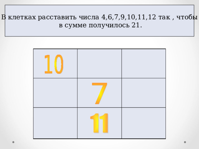 В клетках расставить числа 4,6,7,9,10,11,12 так , чтобы  в сумме получилось 21. 