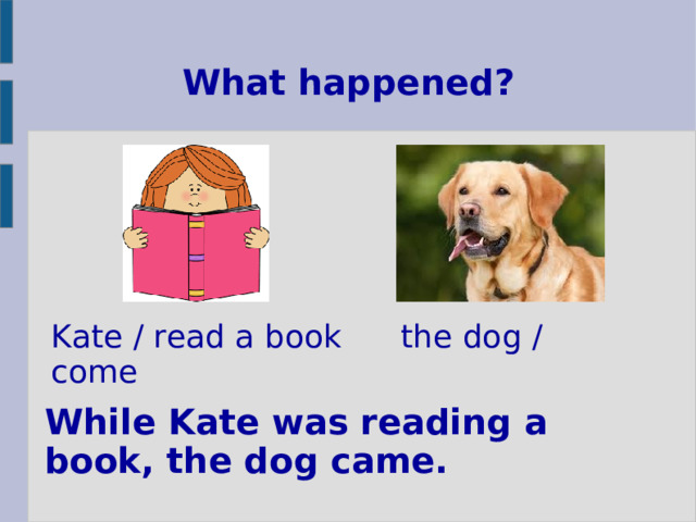 What happened? Kate / read a book   the dog / come While Kate was reading a book, the dog came. 