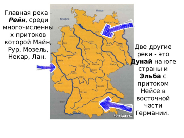 Главная река - Рейн , среди многочисленных притоков которой Майн, Рур, Мозель, Некар, Лан. Две другие реки - это Дунай на юге страны и Эльба с притоком Нейсе в восточной части Германии. 