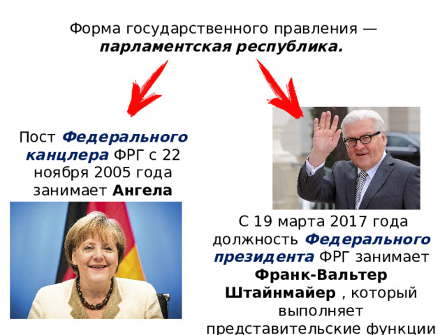 Форма государственного правления — парламентская республика. Пост Федерального канцлера ФРГ с 22 ноября 2005 года занимает Ангела Меркель  С 19 марта 2017 года должность Федерального президента ФРГ занимает Франк-Вальтер Штайнмайер , который выполняет представительские функции в стране. 