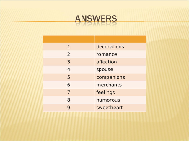 1 decorations 2 romance 3 affection 4 5 spouse companions 6 merchants 7 feelings 8 humorous 9 sweetheart 