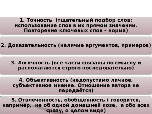 Отличительные признаки научного стиля речи 1. Точность (тщательный подбор слов; использование слов в их прямом значении. Повторение ключевых слов – норма) 2. Доказательность (наличие аргументов, примеров) 3. Логичность (все части связаны по смыслу и располагаются строго последовательно) 4. Объективность (недопустимо личное, субъективное мнение. Отношение автора не передаётся) 5. Отвлеченность, обобщенность ( говорится, например, не об одной домашней козе, а обо всех сразу, о целом виде) 