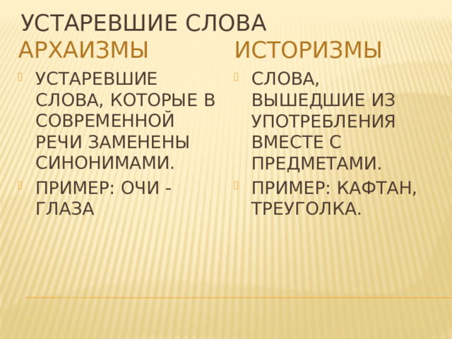 Устаревшие слова АРХАИЗМЫ ИСТОРИЗМЫ УСТАРЕВШИЕ СЛОВА, КОТОРЫЕ В СОВРЕМЕННОЙ РЕЧИ ЗАМЕНЕНЫ СИНОНИМАМИ. ПРИМЕР: ОЧИ - ГЛАЗА СЛОВА, ВЫШЕДШИЕ ИЗ УПОТРЕБЛЕНИЯ ВМЕСТЕ С ПРЕДМЕТАМИ. ПРИМЕР: КАФТАН, ТРЕУГОЛКА. 