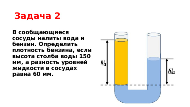 Задача 2 В сообщающиеся сосуды налиты вода и бензин. Определить плотность бензина, если высота столба воды 150 мм, а разность уровней жидкости в сосудах равна 60 мм.     