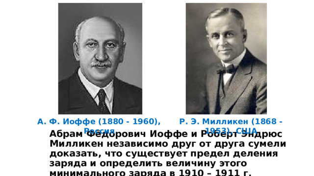  Р. Э. Милликен (1868 - 1953), США А. Ф. Иоффе (1880 - 1960), Россия Абрам Фёдорович Иоффе и Роберт Эндрюс Милликен независимо друг от друга сумели доказать, что существует предел деления заряда и определить величину этого минимального заряда в 1910 – 1911 г. 