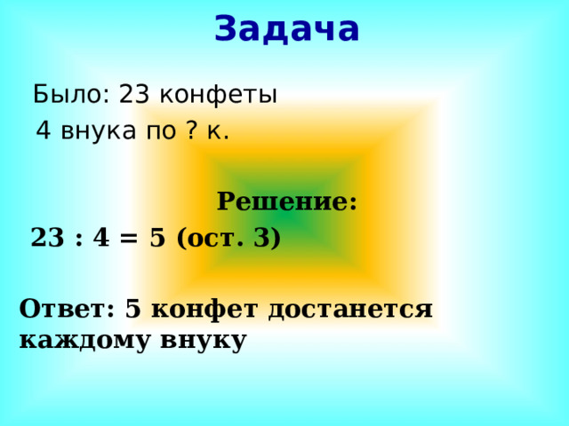 Задача   Было: 23 конфеты   4 внука по ? к. Решение: 23 : 4 = 5 (ост. 3) Ответ: 5 конфет достанется каждому внуку 