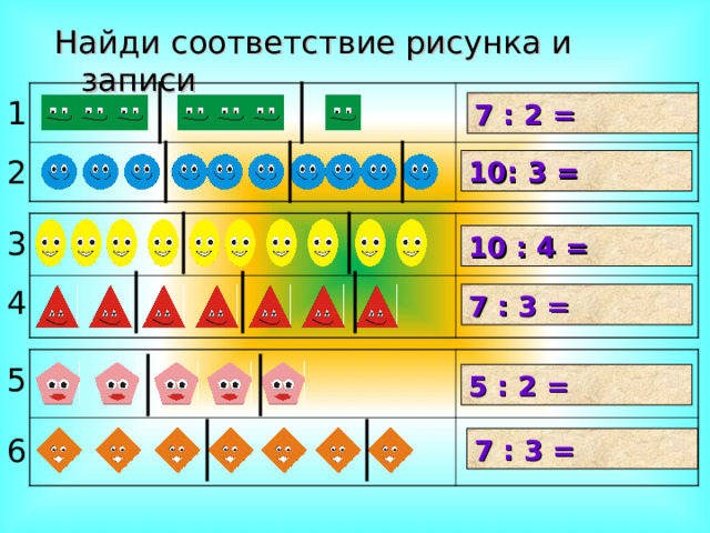 Найди соответствие рисунка и записи 1 7 : 2 = 2 10: 3 = 3 10 : 4 = 4 7 : 3 = 5 5 : 2 = 6 7 : 3 = 