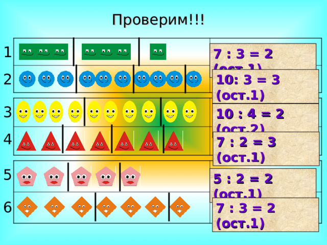 Проверим!!! 1 7 : 3 = 2 (ост. 1 ) 2 10: 3 = 3 (ост.1) 3 10 : 4 = 2 (ост.2) 4 7 : 2 = 3 (ост.1) 5 5 : 2 = 2 (ост.1) 6 7 : 3 = 2 (ост.1) 
