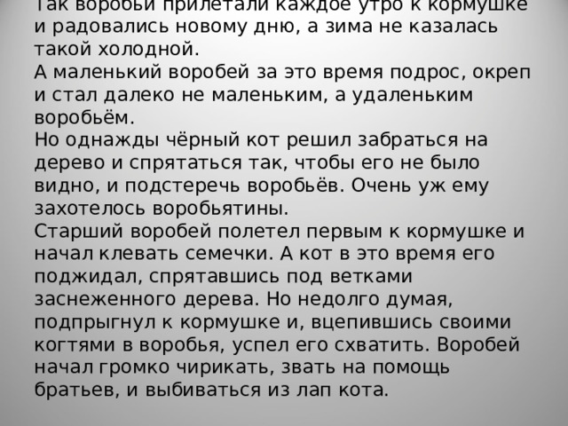 Так воробьи прилетали каждое утро к кормушке и радовались новому дню, а зима не казалась такой холодной.  А маленький воробей за это время подрос, окреп и стал далеко не маленьким, а удаленьким воробьём.  Но однажды чёрный кот решил забраться на дерево и спрятаться так, чтобы его не было видно, и подстеречь воробьёв. Очень уж ему захотелось воробьятины.  Старший воробей полетел первым к кормушке и начал клевать семечки. А кот в это время его поджидал, спрятавшись под ветками заснеженного дерева. Но недолго думая, подпрыгнул к кормушке и, вцепившись своими когтями в воробья, успел его схватить. Воробей начал громко чирикать, звать на помощь братьев, и выбиваться из лап кота.   