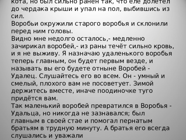 Старший воробей успел вырваться из когтей кота, но был сильно ранен так, что еле долетел до чердака крыши и упал на пол, выбившись из сил.  Воробьи окружили старого воробья и склонили перед ним головы.  Видно мне недолго осталось,- медленно зачирикал воробей,- из раны течёт сильно кровь, и я не выживу. Я назначаю удаленького воробья теперь главным, он будет первым везде, и называть вы его будете отныне Воробей - Удалец. Слушайтесь его во всем. Он - умный и смелый, плохого вам не посоветует. Зимой держитесь вместе, иначе поодиночке туго придётся вам.  Так маленький воробей превратился в Воробья - Удальца, но никогда не зазнавался; был главным в своей стае и помогал пернатым братьям в трудную минуту. А братья его всегда слушались и уважали 