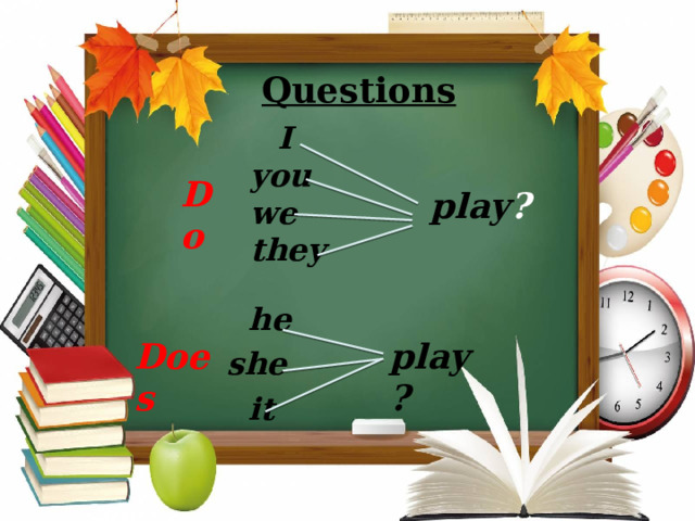 Questions   I you we they Do play ?  he she  it play? Does  