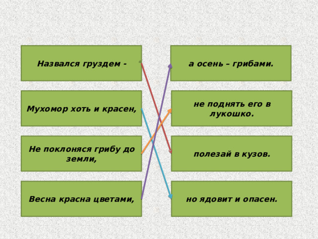 Назвался груздем - а осень – грибами. Мухомор хоть и красен, не поднять его в лукошко. Не поклоняся грибу до земли, полезай в кузов. Весна красна цветами, но ядовит и опасен. 