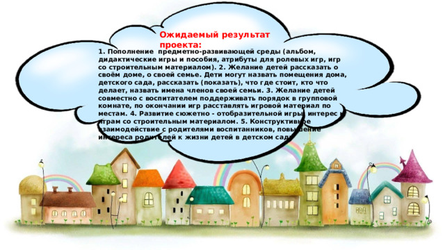 Ожидаемый результат проекта: 1. Пополнение предметно-развивающей среды (альбом, дидактические игры и пособия, атрибуты для ролевых игр, игр со строительным материалом). 2. Желание детей рассказать о своём доме, о своей семье. Дети могут назвать помещения дома, детского сада, рассказать (показать), что где стоит, кто что делает, назвать имена членов своей семьи. 3. Желание детей совместно с воспитателем поддерживать порядок в групповой комнате, по окончании игр расставлять игровой материал по местам. 4. Развитие сюжетно - отобразительной игры, интерес к играм со строительным материалом. 5. Конструктивное взаимодействие с родителями воспитанников, повышение интереса родителей к жизни детей в детском саду 