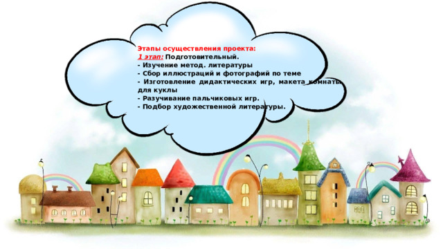Этапы осуществления проекта: 1 этап:   Подготовительный. - Изучение метод. литературы - Сбор иллюстраций и фотографий по теме - Изготовление дидактических игр, макета комнаты для куклы - Разучивание пальчиковых игр. - Подбор художественной литературы. 