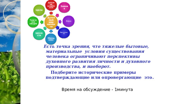 Духовные потребности Знания Цели Духовный мир личности Вера Чувства и эмоции П редставления Ценности     Есть точка зрения, что тяжелые бытовые, материальные условия существования человека ограничивают перспективы духовного развития личности и духовного производства, и наоборот.  Подберите исторические примеры подтверждающие или опровергающие это .   Время на обсуждение - 1минута    Убеждения 
