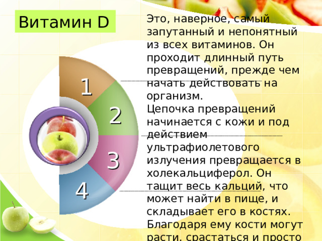Витамин D Это, наверное, самый запутанный и непонятный из всех витаминов. Он проходит длинный путь превращений, прежде чем начать действовать на организм. Цепочка превращений начинается с кожи и под действием ультрафиолетового излучения превращается в холекальциферол. Он тащит весь кальций, что может найти в пище, и складывает его в костях. Благодаря ему кости могут расти, срастаться и просто быть твёрдыми. 1 2 3 4 