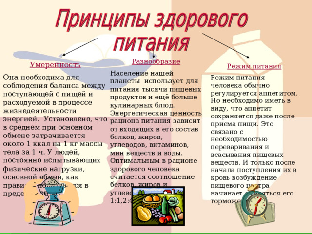 Разнообразие Население нашей планеты использует для питания тысячи пищевых продуктов и ещё больше кулинарных блюд. Энергетическая ценность рациона питания зависит от входящих в его состав белков, жиров, углеводов, витаминов, мин веществ и воды. Оптимальным в рационе здорового человека считается соотношение белков, жиров и углеводов, близкое к 1:1,2:4. Умеренность Она необходима для соблюдения баланса между поступающей с пищей и расходуемой в процессе жизнедеятельности энергией. Установлено, что в среднем при основном обмене затрачивается около 1 ккал на 1 кг массы тела за 1 ч. У людей, постоянно испытывающих физические нагрузки, основной обмен, как правило, повышается в пределах 30%. Режим питания Режим питания человека обычно регулируется аппетитом. Но необходимо иметь в виду, что аппетит сохраняется даже после приема пищи. Это связано с необходимостью переваривания и всасывания пищевых веществ. И только после начала поступления их в кровь возбуждение пищевого центра начинает сменяться его торможением.  