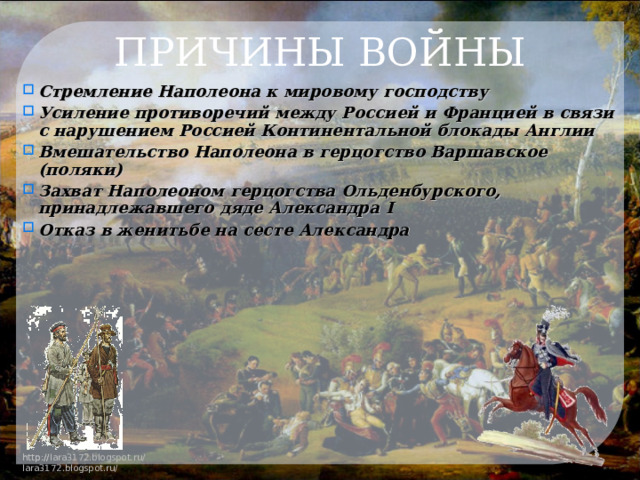 ПРИЧИНЫ ВОЙНЫ Стремление Наполеона к мировому господству Усиление противоречий между Россией и Францией в связи с нарушением Россией Континентальной блокады Англии Вмешательство Наполеона в герцогство Варшавское (поляки) Захват Наполеоном герцогства Ольденбурского, принадлежавшего дяде Александра I Отказ в женитьбе на сесте Александра  