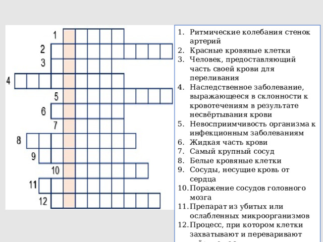 Ритмические колебания стенок артерий Красные кровяные клетки Человек, предоставляющий часть своей крови для переливания Наследственное заболевание, выражающееся в склонности к кровотечениям в результате несвёртывания крови Невосприимчивость организма к инфекционным заболеваниям Жидкая часть крови Самый крупный сосуд Белые кровяные клетки Сосуды, несущие кровь от сердца Поражение сосудов головного мозга Препарат из убитых или ослабленных микроорганизмов Процесс, при котором клетки захватывают и переваривают твёрдые частицы 