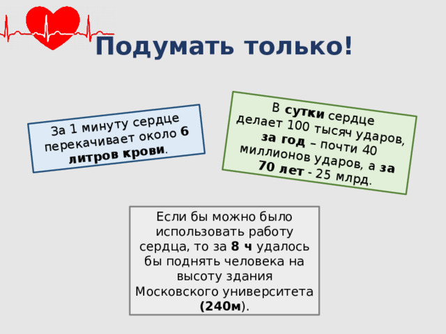 За 1 минуту сердце перекачивает около  6 литров крови . В  сутки  сердце делает 100 тысяч ударов, за год – почти 40 миллионов ударов, а  за 70 лет  - 25 млрд. Подумать только! Если бы можно было использовать работу сердца, то за 8 ч удалось бы поднять человека на высоту здания Московского университета (240м ). 