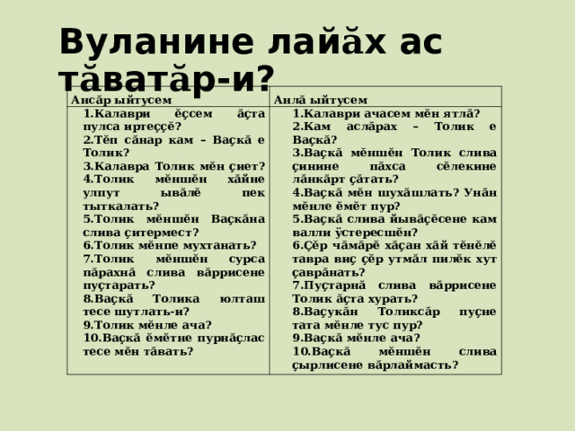Вуланине лай ă х ас т ă ват ă р-и? Ансăр ыйтусем Анлă ыйтусем 1.Калаври ĕçсем ăçта пулса иртеççĕ? 2.Тĕп сăнар кам – Ваçкă е Толик? 3.Калавра Толик мĕн çиет? 4.Толик мĕншĕн хăйне улпут ывăлĕ пек тыткалать? 5.Толик мĕншĕн Ваçкăна слива çитермест? 6.Толик мĕнпе мухтанать? 7.Толик мĕншĕн сурса пăрахнă слива вăррисене пуçтарать? 8.Ваçкă Толика юлташ тесе шутлать-и? 9.Толик мĕнле ача? 10.Ваçкă ĕмĕтне пурнăçлас тесе мĕн тăвать? 1.Калаври ачасем мĕн ятлă? 2.Кам аслăрах – Толик е Ваçкă? 3.Ваçкă мĕншĕн Толик слива çинине пăхса сĕлекине лăнкăрт çăтать? 4.Ваçкă мĕн шухăшлать? Унăн мĕнле ĕмĕт пур? 5.Ваçкă слива йывăçĕсене кам валли ÿстересшĕн? 6.Çĕр чăмăрĕ хăçан хăй тĕнĕлĕ тавра виç çĕр утмăл пилĕк хут çаврăнать? 7.Пуçтарнă слива вăррисене Толик ăçта хурать? 8.Ваçукăн Толиксăр пуçне тата мĕнле тус пур? 9.Ваçкă мĕнле ача? 10.Ваçкă мĕншĕн слива çырлисене вăрлаймасть? 