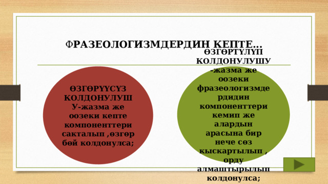 Ф РАЗЕОЛОГИЗМДЕРДИН КЕПТЕ... ӨЗГӨРҮҮСҮЗ КОЛДОНУЛУШУ-жазма же оозеки кепте компоненттери сакталып ,өзгөрбөй колдонулса; ӨЗГӨРТҮЛҮП КОЛДОНУЛУШУ-жазма же оозеки фразеологизмдердидин компоненттери кемип же алардын арасына бир нече сөз кыскартылып , орду алмаштырылып колдонулса; 