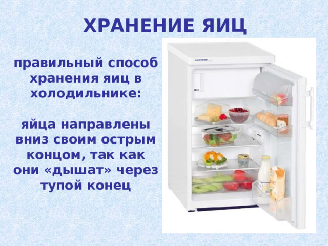 ХРАНЕНИЕ ЯИЦ правильный способ хранения яиц в холодильнике:  яйца направлены вниз своим острым концом, так как они «дышат» через тупой конец 