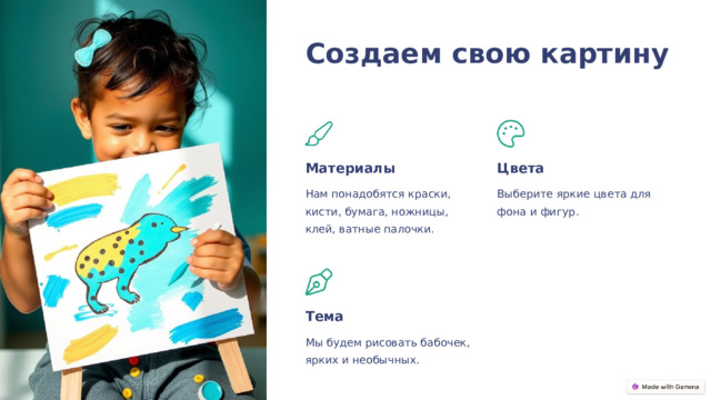 Создаем свою картину Материалы Цвета Нам понадобятся краски, кисти, бумага, ножницы, клей, ватные палочки. Выберите яркие цвета для фона и фигур. Тема Мы будем рисовать бабочек, ярких и необычных.  
