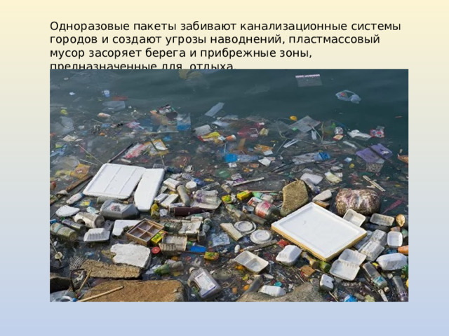 Одноразовые пакеты забивают канализационные системы городов и создают угрозы наводнений, пластмассовый мусор засоряет берега и прибрежные зоны, предназначенные для  отдыха. 