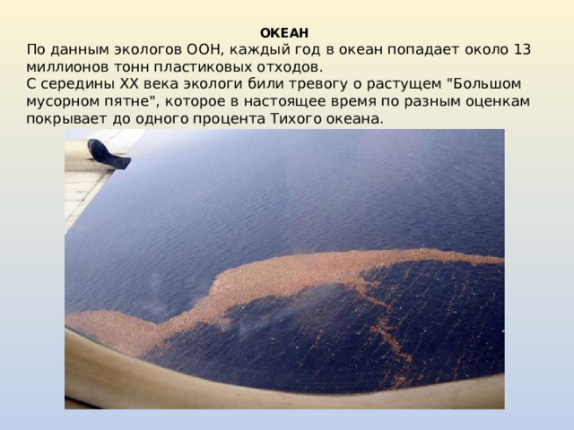 ОКЕАН По данным экологов ООН, каждый год в океан попадает около 13 миллионов тонн пластиковых отходов. С середины XX века экологи били тревогу о растущем 