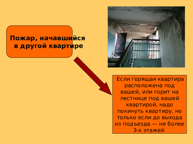 Пожар, начавшийся  в другой квартире  Если горящая квартира расположена под вашей, или горит на лестнице под вашей квартирой, надо покинуть квартиру, но только если до выхода из подъезда — не более 3-х этажей 