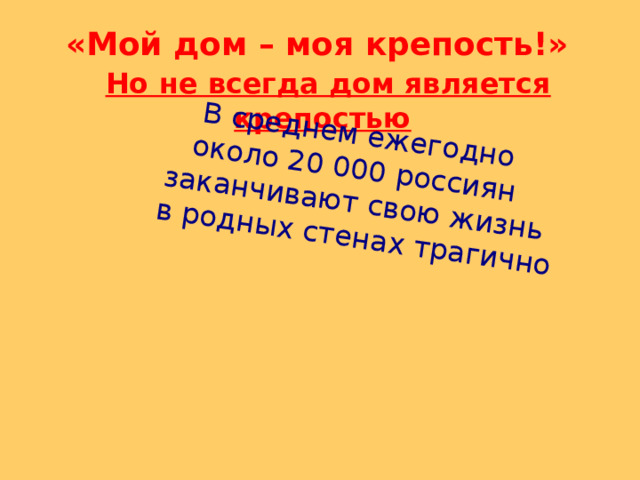 В среднем ежегодно около 20 000 россиян заканчивают свою жизнь  в родных стенах трагично «Мой дом – моя крепость!»   Но не всегда дом является крепостью   
