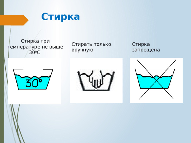 Стирка Стирка при температуре не выше 30 0 С Стирка запрещена Стирать только вручную 
