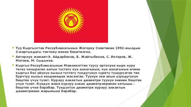 Туу Кыргызстан Республикасынын Жогорку Советинин 1992-жылдын 3-мартындагы токтому менен бекитилген. Авторлук жамаат:Э. Айдарбеков, Б. Жайчыбеков, С. Иптаров, Ж. Матаев, М. Сыдыков. Кыргыз Республикасынын Мамлекеттик туусу ортосуна кырк нуру тегиз чачыраган алтын түстөгү күн алкагынын, күн алкагынын ичине кыргыз боз үйүнүн кызыл түстөгү түндүгүнүн сүрөтү түшүрүлгөн тик бурчтуу кызыл кездемеден жасалган. Туунун эни анын узундугунун бештен үчүн түзөт. Нурлуу алкактын диаметри туунун энинин бештен үчүн түзөт. Күндүн жана нурлуу алкак диаметрлеринин катышы - бештен үчкө барабар. Түндүктүн диаметри нурлуу алкактын диаметринин жарымына барабар. 