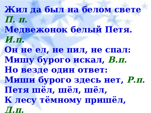 Жил да был на белом свете П. п.  Медвежонок белый Петя. И.п .  Он не ел, не пил, не спал:  Мишу бурого искал, В.п.  Но везде один ответ:  Миши бурого здесь нет, Р.п.  Петя шёл, шёл, шёл,  К лесу тёмному пришёл, Д.п.  Повидался с бурым братом Т.п.  И пошёл к себе обратно. 