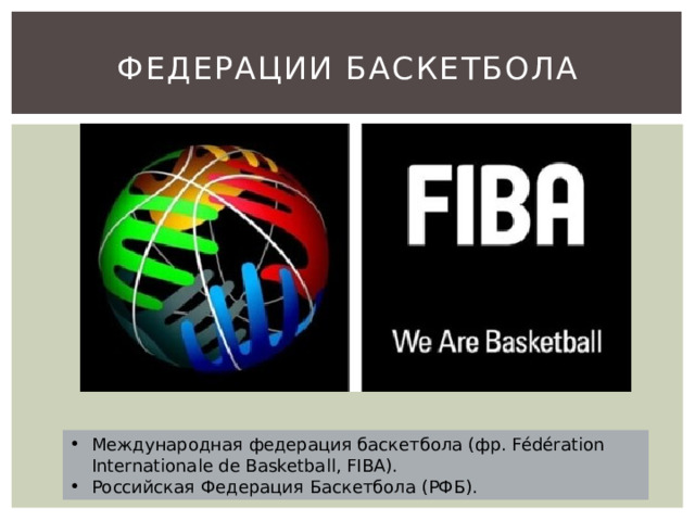 Федерации баскетбола Международная федерация баскетбола (фр. Fédération Internationale de Basketball, FIBA). Российская Федерация Баскетбола (РФБ). 
