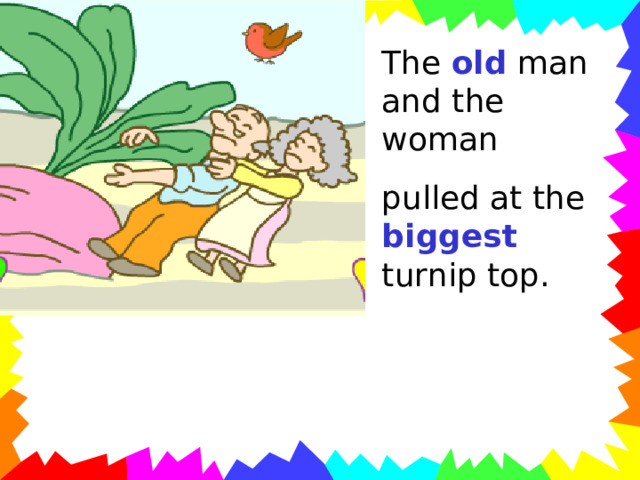 The old man and the woman pulled at the biggest turnip top. 