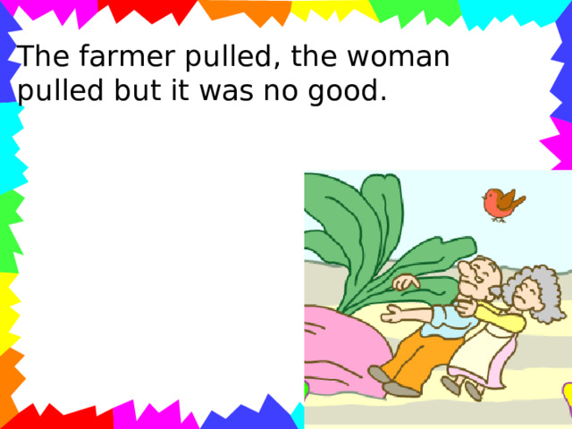 The farmer pulled, the woman pulled but it was no good. 