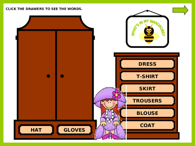 CLICK THE DRAWERS TO SEE THE WORDS. DRESS T-SHIRT SKIRT SORRY… TRY AGAIN! YES!!! IT’S A BLOUSE! TROUSERS BLOUSE COAT HAT GLOVES 