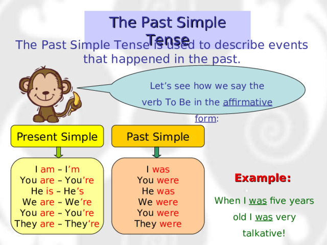 The Past Simple Tense The Past Simple Tense is used to describe events that happened in the past. Let’s see how we say the verb To Be in the affirmative form : Present Simple Past Simple I am – I ’m You are – You ’re He is – He ’s We are – We ’re You are – You ’re They are – They ’re I was You were He was We were You were They were Example:  When I was five years old I was very talkative! 