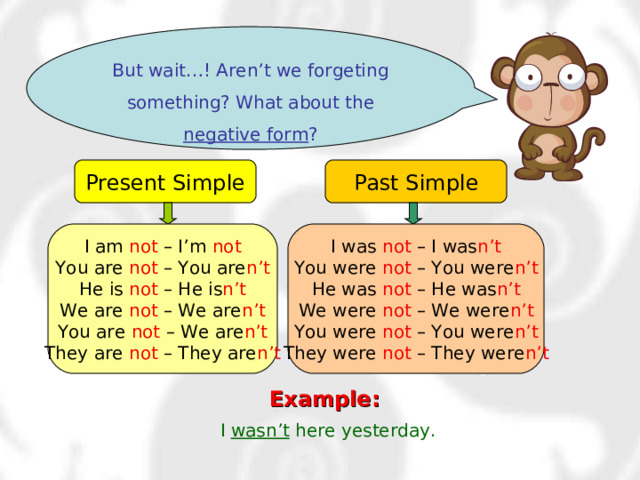 But wait…! Aren’t we forgeting something? What about the negative form ? Present Simple Past Simple I am not – I’m not You are not – You are n’t He is not – He is n’t We are not – We are n’t You are not – We are n’t They are not – They are n’t I was not – I was n’t You were not – You were n’t He was not – He was n’t We were not – We were n’t You were not – You were n’t They were not – They were n’t Example:  I wasn’t here yesterday. 