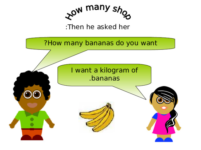 Then he asked her : How many bananas do you want ? I want a kilogram of bananas . 