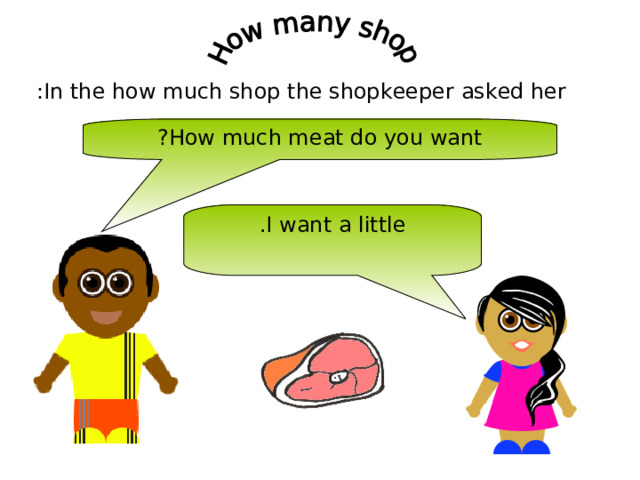In the how much shop the shopkeeper asked her : How much meat do you want ? I want a little . 